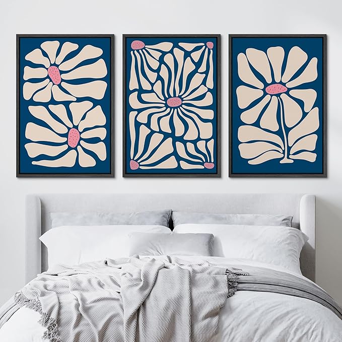 Ashbrook Framed Canvas Print Wall Art Set Mid-Century Modern Navy BLue FLowers Nature Wilderness Illustrations Modern Art Floral Botanical Minimal Calm/Relax/Cozy for Bedroom - 16"x24"x3 BLACK