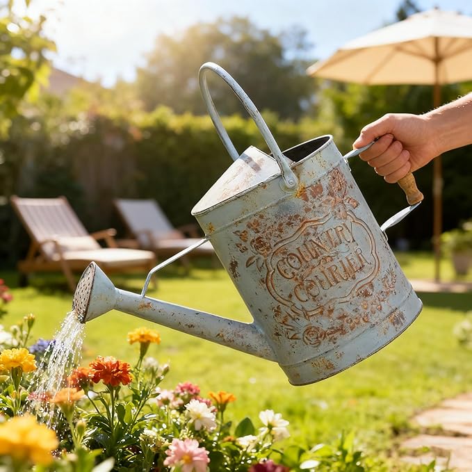 Vintage Metal Watering Can with Country Corner Floral Emboss & Wooden Handle Garden Distressed Blue Decorative Watering Pot Farmhouse Waterer for Home Garden Balcony Courtyard 2 Gallon