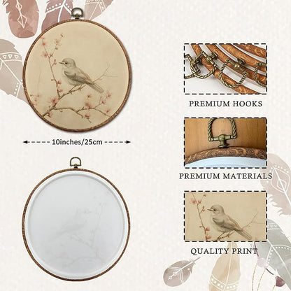 DEQSX Vintage Bird Round Wall Art, Rustic Neutral Cottagecore Farmhouse Bird Botanical Wall Decor Canvas Prints Posters for Home Bedroom Living Room, 10x10 Inches