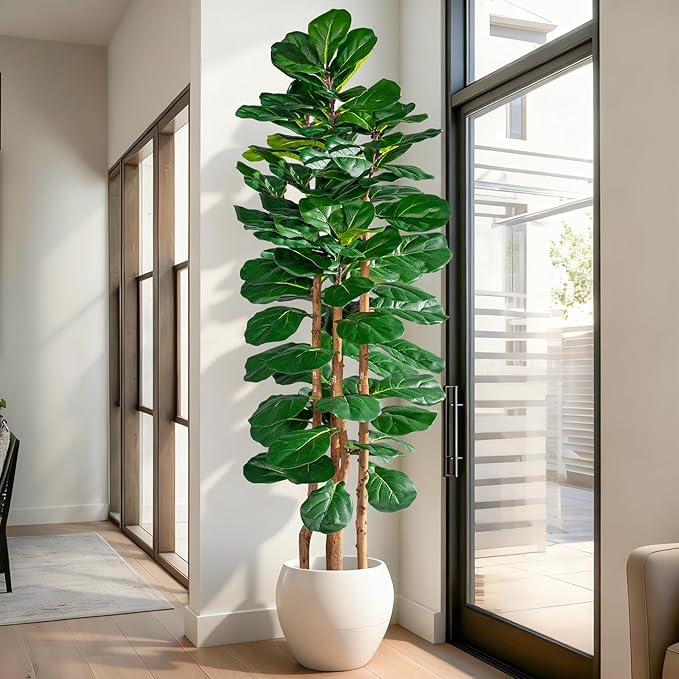 Artificial Fiddle Leaf Fig Tree 6FT, Faux Fig Tree Indoor with Natural Wood Trunk & Realistic Leaves with Moss Pot Fake Ficus Tree Large Faux Floor Plant for Living Room Home Decor, House Plant