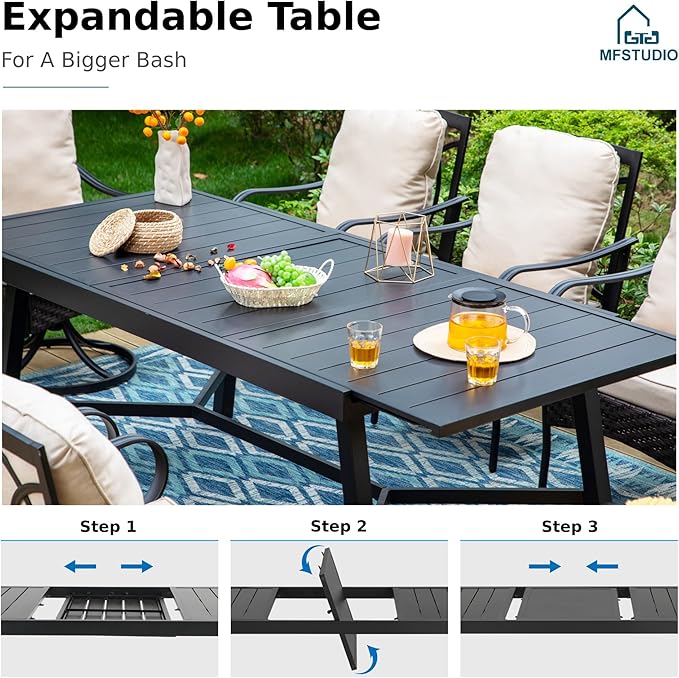 MFSTUDIO Patio Table and Chairs Set, Outdoor Dining Set for 8 with Expandable Table, 9 Piece Patio Dining Set for Deck/Backyard/Poolside/Garden