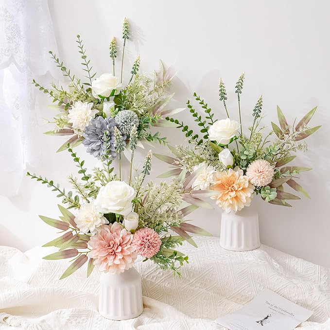 Fake Flowers in Vase, Artificial Flowers with Vase, 15.7'' Floral Arrangements for Dining Table Centerpiece Decor, Silk Roses & Faux Dahlia Bouquet for Farmfouse Kitchen Coffee Table Decor (Champagne)