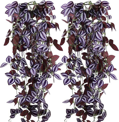 2-Pack Fake Hanging Plants, Faux Hanging Plant Artificial Greenery for Living Room Bedroom Boho Wall Shelf Indoor Outdoor Decor (Purple-Eyed Hairy Leaf)