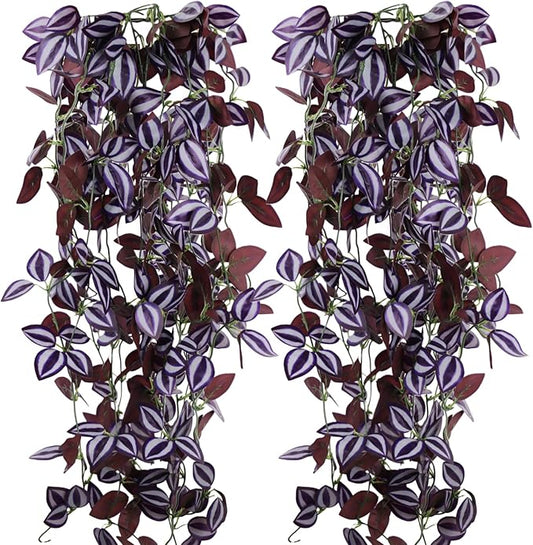 2-Pack Fake Hanging Plants, Faux Hanging Plant Artificial Greenery for Living Room Bedroom Boho Wall Shelf Indoor Outdoor Decor (Purple-Eyed Hairy Leaf)