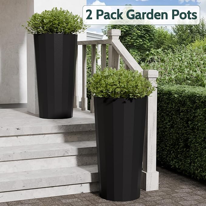 2PCS Tall Planters for Outdoor Plants, 23.6 Inches Large Outdoor Conical Flower Pots for Porch with Drainage Holes and Drainage Baffle, Tapered Large Planters for Garden, Balcony Use, Black