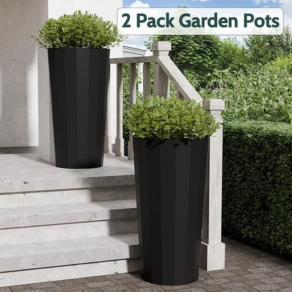 2PCS Tall Planters for Outdoor Plants, 23.6 Inches Large Outdoor Conical Flower Pots for Porch with Drainage Holes and Drainage Baffle, Tapered Large Planters for Garden, Balcony Use, Black