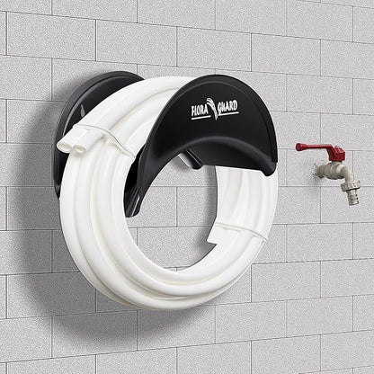 FLORA GUARD Garden Hose Holder, Heavy-Duty Hose Hanger, Holds Up to 125 ft, Garden Rack Wall Mount for Outside, Rust and Slip Resistant, Black