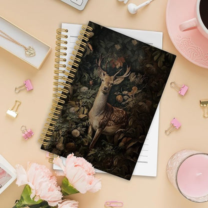 XPH William Morris Deer Spiral Notebook, Dark Cottagecore Journaling Notebooks for Note Taking, Vintage Botanical Buck Hardcover Journal for Writing 160 Pages 5.5 x 8.3 Inch, Deer Gifts for Women