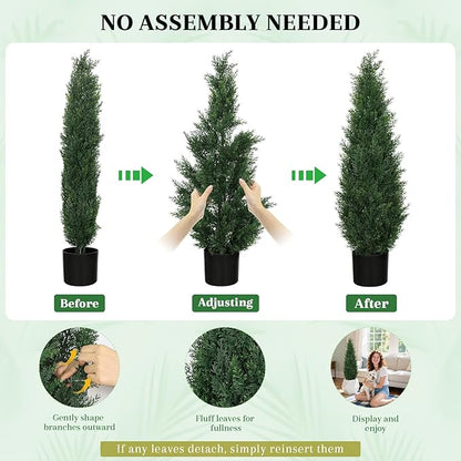 3FT Artificial Cedar Topiary Trees for Outdoors, UV Resistant Fake Cypress Shrubs, Potted Faux Evergreen Outdoor Faux Plants, Artificial Plants Outdoor for Front Porch, Home Decor (Set of 2)