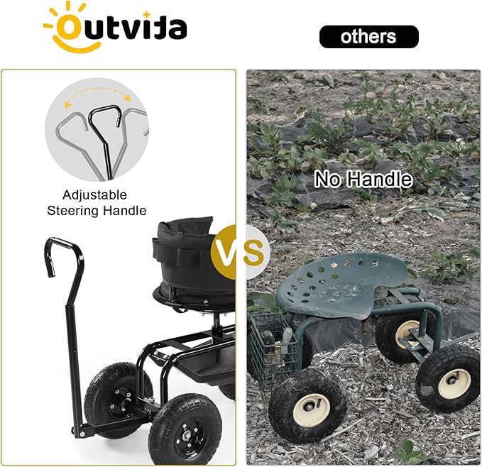 Outvita Rolling Garden Seat with Wheels, Gardening Stool with Height Adjustable 360 Degree Swivel Seat, Ergonomic Backrest, Tool Tray & Storage Basket, Outdoor Gardening Scooter Cart for Patio, Black