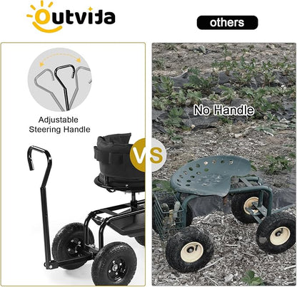 Outvita Rolling Garden Seat with Wheels, Gardening Stool with Height Adjustable 360 Degree Swivel Seat, Ergonomic Backrest, Tool Tray & Storage Basket, Outdoor Gardening Scooter Cart for Patio, Black