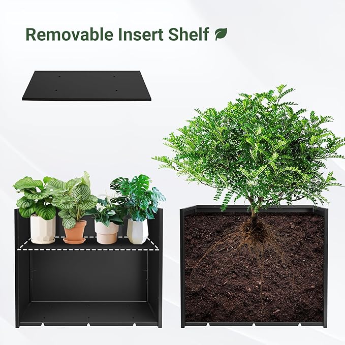 Metal Planter Box 30” x 12” x 24”, Outdoor Planter with Removable Insert Shelf, Black Steel Planter Heavy Duty for Porch, Garden, Patio, Yard