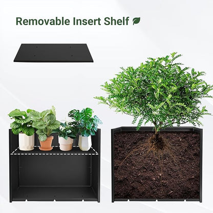 Metal Planter Box 30” x 12” x 24”, Outdoor Planter with Removable Insert Shelf, Black Steel Planter Heavy Duty for Porch, Garden, Patio, Yard