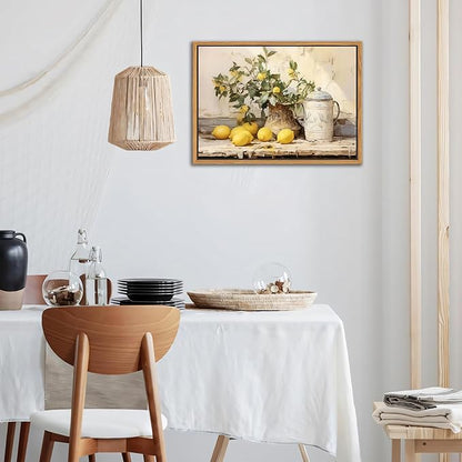 Floating Framed Vintage Kitchen Wall Art, Yellow Lemon Still Life Wall Decor Oil Paintings, Rustic Farmhouse Artwork Canvas Posters Prints Pictures for Living Room Bedroom Home Decor 12x16 Inch