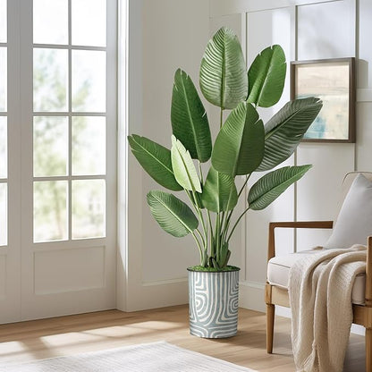 Artificial Tree in Geometric Pattern Planter, Fake Bird of Paradise Silk Tree for Indoor and Outdoor Home Decoration - 58" Overall Tall (Plant Pot Plus Tree)