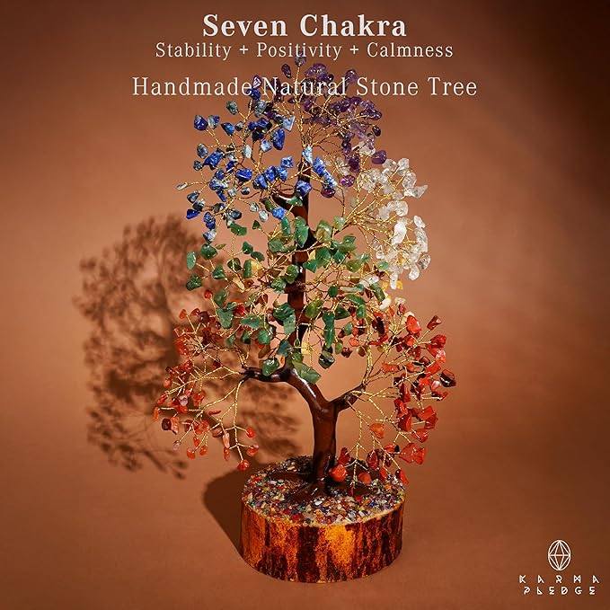 KARMAPLEDGE Crystal Tree 7 Chakra Healing Crystals for Home, Office Desk & Living Room Decor, Handmade Bonsai Trees for Positive Energy, Money, Good Luck Birthday Gifts for Women, Mom (500 Beads)