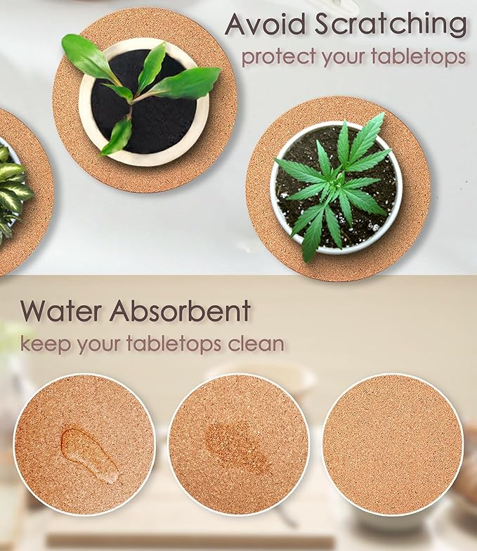 Cork Plant Coasters, Double Layers Hard Thick Cork Planter Coaster, 8 Inch Absorbent Cork Plant Mats, Cork Trivets for Hot Dishes, Cork Plant Coasters for House Plants, 4 Pcs