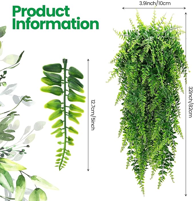 Geosar 72 Pcs Artificial Hanging Plants 32 Inch Hanging Boston Ferns Plastic Fake Plants for Wall Room Garden Wedding Garland Indoor Outdoor Decoration, No Basket