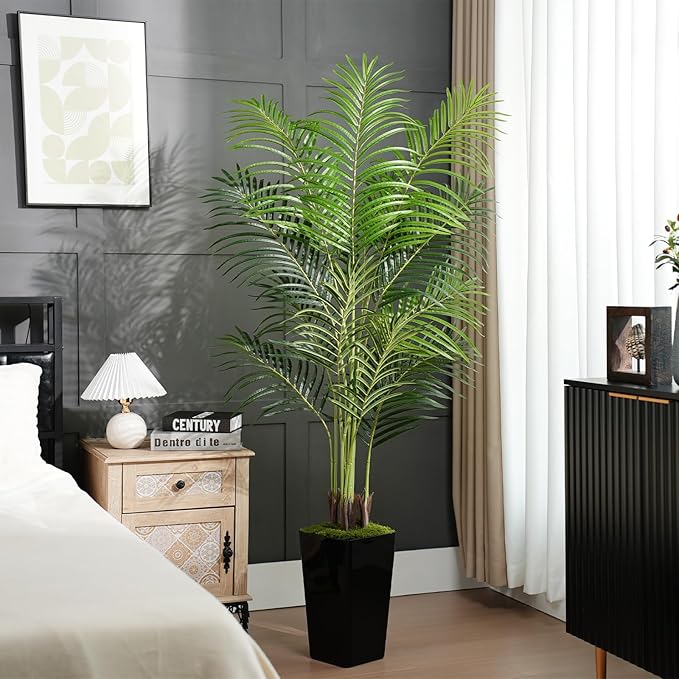 6ft Artificial Palm Tree with Black Planter-Tall Artificial Indoor Plants, Fake Tropical Palm Tree, Faux Silk Plants for Home Office Living Room Bedroom Modern Decor