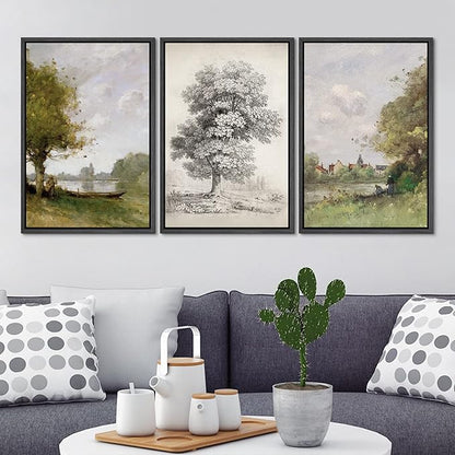 Ashbrook Framed Canvas Print Wall Art Set Forest Tree Field Nature Wilderness Illustration Fine Art Decorative Floral Botanical Garden Vintage for Living Room, Bedroom, Office - 16"x24"x3 Black