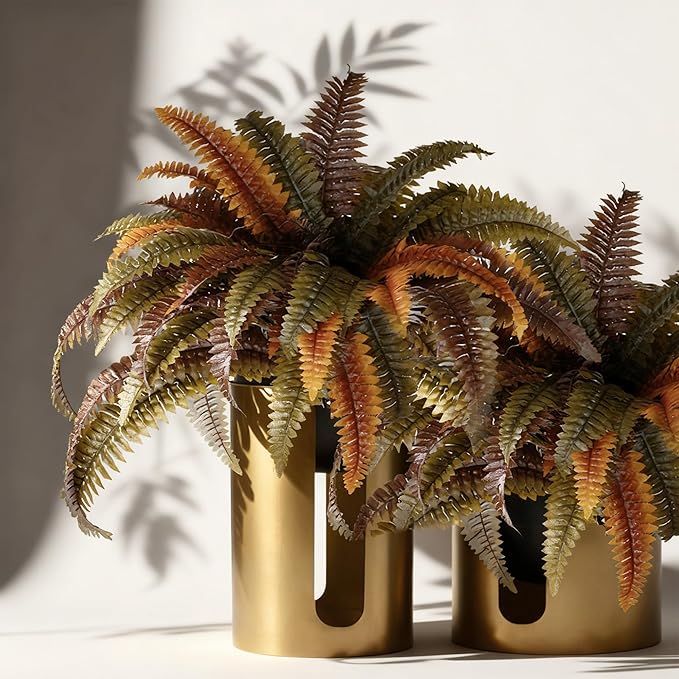 KOL 2-Pack 45in Artificial Boston Ferns, Autumn Faux Fern Bushes with Bendable Stems for Hanging or Floor Display, Living Room Wedding Indoor Outdoor Decor