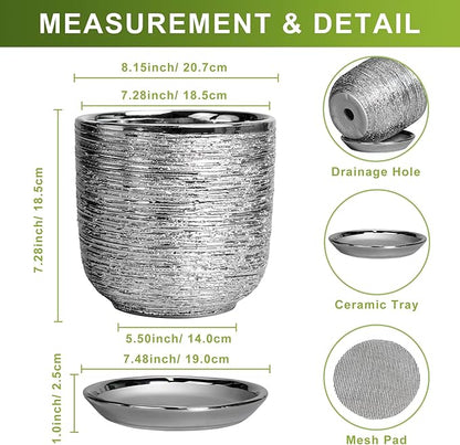 Ceramic Pot for Plants 8 Inch - Ceramic Flower Pot Indoor with Drainage Hole and Saucer, Decorative Round Indoor Planter, Plant Lover Gifts, Patio Home Office House Decor, Silver
