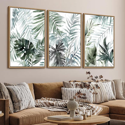 Large Framed Canvas Wall Art - Natural Float Framed Tropic Leaf Pictures Wall Art Prints for Living Room Decor Green Plants Artwork for Bedroom Kitchen Home Office Decoration 72" X 36" Set of 3