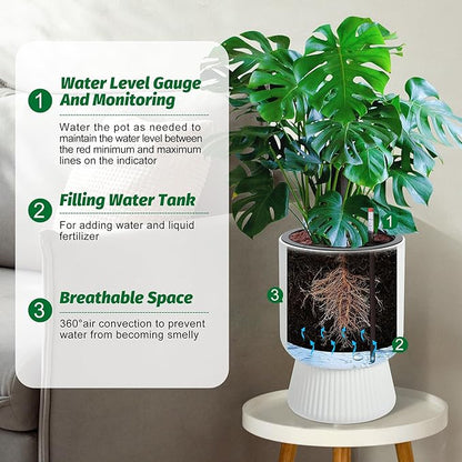 14.2" Tall Planters Set of 2, Plant Pots, Self Watering Pots for Indoor Plants, Flower Pots with Built-in Drainage and a Water Level Monitor, for Patio, Porch, Living Room, or Office, White