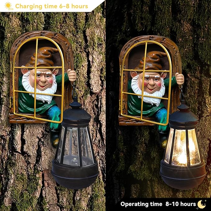 Garden Gnomes Statues with Solar Lantern Christmas Decorations, Outdoor Tree Hugger Gnome Decor Statue, Tree Face Figurines for Fence Wall Yard Home Birthday Gifts for Mum, Women