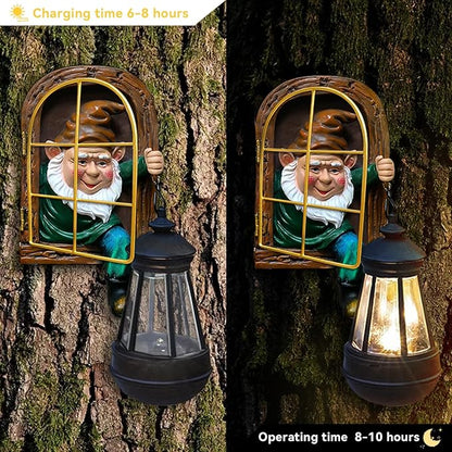 Garden Gnomes Statues with Solar Lantern Christmas Decorations, Outdoor Tree Hugger Gnome Decor Statue, Tree Face Figurines for Fence Wall Yard Home Birthday Gifts for Mum, Women