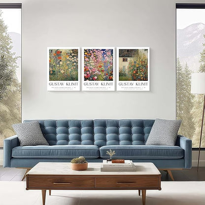 Framed Gustav Klimt Canvas Wall Art Colorful Floral Poster Picture Vintage Countryside Painting Nature Landscape Modern Home Print Living Room Gallery Office Ready to Hang 12x16 Inch x3