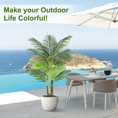 Triple Golden Cane Palm Artificial Tree 4ft Tall Large Faux Tropical Palm Tree UV Resistant Fake Plant in Pot for Indoor Outdoor Big House Living Room Patio Office Home Outside Decor 2Pack