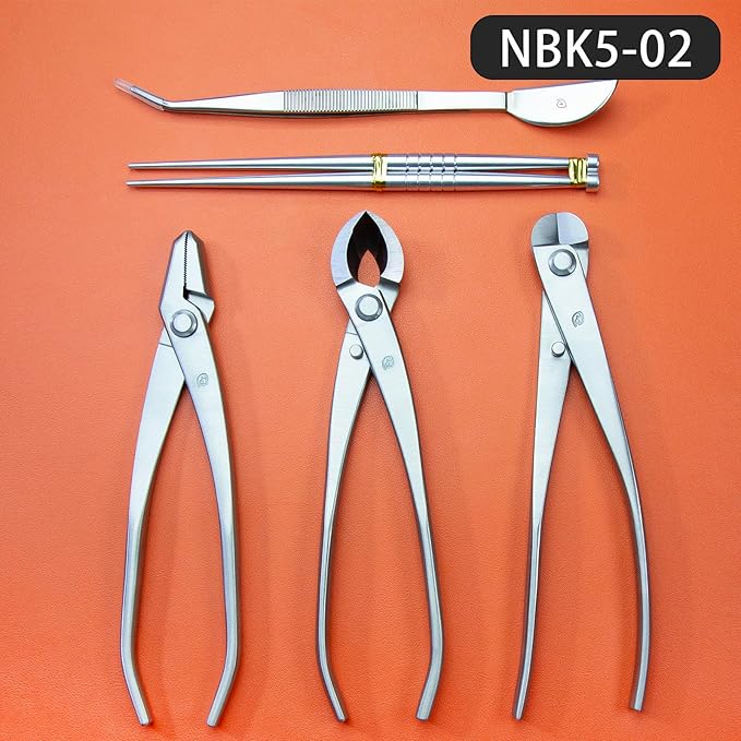 TianBonsai Bonsai Tools 5-Piece Alloy Steel Bonsai Tool Kit in Cluding 205mm Wire Cutter / 205mm Round Edge Cutter / 205mm Jin Plier / 200mm Straight Root Hook/Tweezers(NBK5-02)
