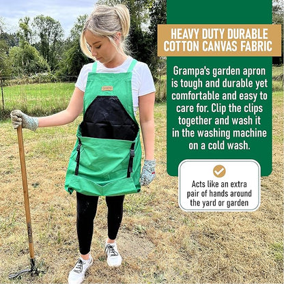 Grampa's Garden Apron - Cross Back Gardening Apron With Pockets For Women & Men | Harvest Apron with Large Kangaroo Pouch