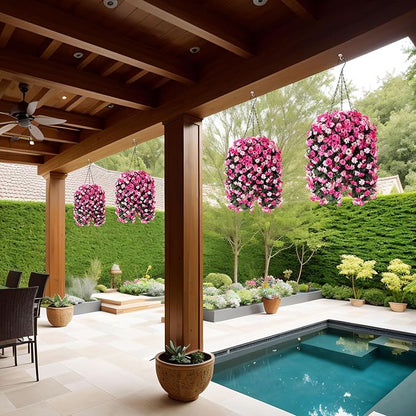Artificial Flowers in Hanging Basket for Outdoors Indoors Decor, Artificial Mums Bush Flowers Plants with Baskets for Home Porch Garden Yard Patio Spring Summer Decoration(Twin Pink)