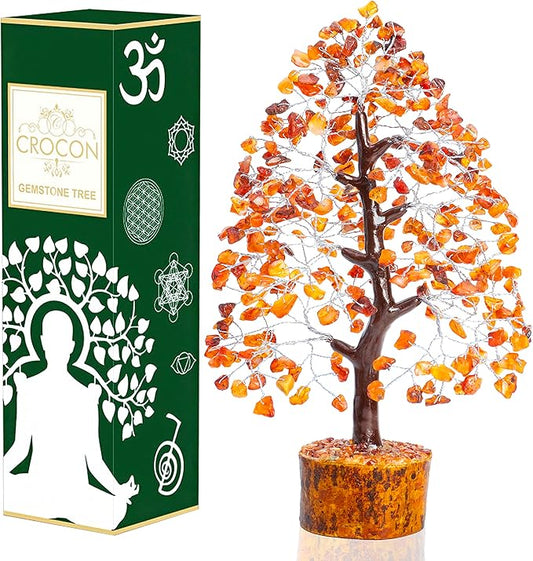 Crocon Carnelian Chakra Tree of Life - Crystal for Positive Energy, Handmade Gemstone Feng Shui Decor, Good Luck Money Tree Bonsai - Orange Healing Crystals for Sacral Chakra, Prosperity Gift