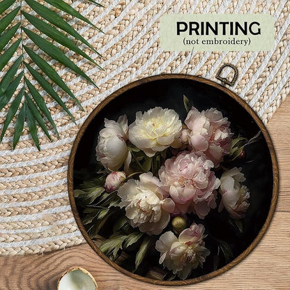 cvjutf Peony Flower Wall Art Decor Framed, Peony Floral Botanical Round Wall Decor, Dark Cottage Core Floral Canvas Prints Art for Gallery Bathroom Bedroom Living Room, 10x10 Inch