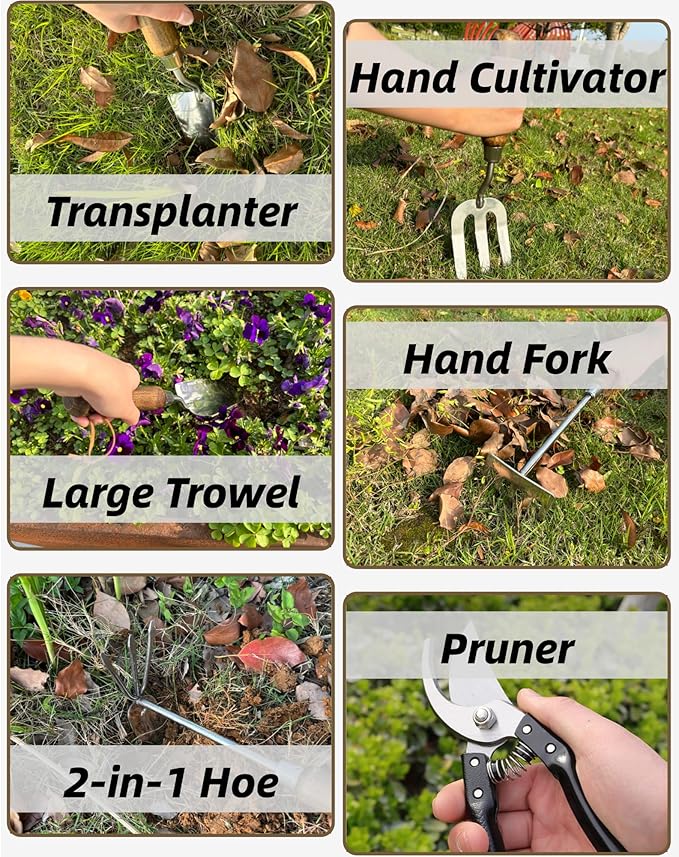 Garden Tool Set, 6PCS Heavy Duty Stainless Steel Gardening Hand Tools with Ropes, Includes Hand Cultivator Shovel Trowel Transplanter 2-in-1 Hoe Pruner, Ideal Gardening Gifts for Women Men (Standard)
