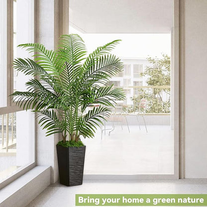 Artificial Palm Tree Indoor, 5FT Fake Floor Plants Large Tropical Silk Plant with Black Square Planter, Faux Areca Palm Plant Artificial Tree in Pot for Home Room Office Outdoor Patio Decor