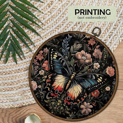 cvjutf Witchy Butterfly Floral Wall Art Decor Framed, Vinatge Moth Botanical Round Wall Decor, Dark Moody Butterfly Canvas Prints Art for Bathroom Bedroom Living Room, 10x10 Inch