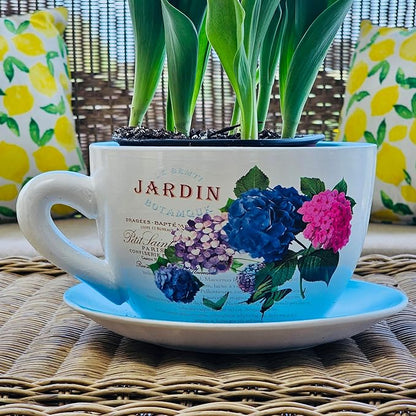 7.5” Round Ceramic Teacup Shape Planter Pot with Saucer for Succulents Orchid Herbs Cactus Indoor Houseplants Flowers for Home Garden and Event Decor – Yellow Butterfly Garden
