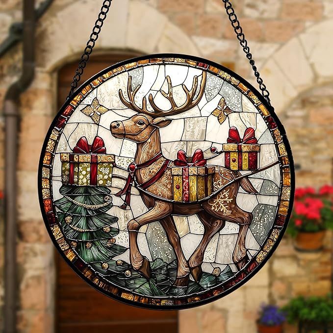 Stained Glass Window Hanging, Christmas Tree Elk Sun Catchers Colorful Glass Panel Retro Suncatcher Decor for Birthday for Women, Men, Wife, Aunt, and Mom 9.8 in