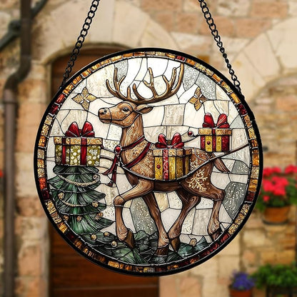 Stained Glass Window Hanging, Christmas Tree Elk Sun Catchers Colorful Glass Panel Retro Suncatcher Decor for Birthday for Women, Men, Wife, Aunt, and Mom 9.8 in