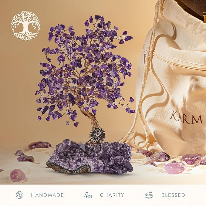 KARMA AND LUCK, Calming Spirit, Real Amethyst Crystal Feng Shui Tree of Life Home Decor, Wrapped in Copper on Crystal Base, 8"