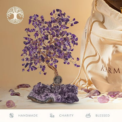 KARMA AND LUCK, Calming Spirit, Real Amethyst Crystal Feng Shui Tree of Life Home Decor, Wrapped in Copper on Crystal Base, 8"
