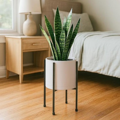 D'vine Dev 8 Inch White Planter Pot with Stand – Modern Plastic Cylinder Flower Pot with Heavy-Duty Metal Stand for Indoor Plants, 55-D-A-1