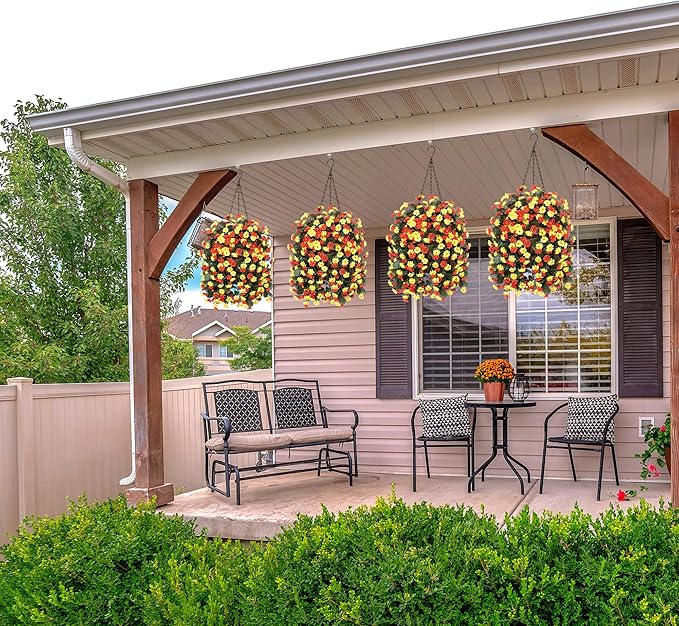 Artificial Flowers in Hanging Basket for Outdoors Fall Decor, Fake Mums Bush Flowers Plants with Hanging Baskets for Home Porch Garden Yard Patio Summer Autumn Decoration (Orange Yellow)