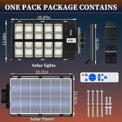 Ofuray Of-5200W Solar Street Lights Outdoor, 520000LM Solar Security Flood Lights Parking Lot Lights Commercial Dusk to Dawn, IP67 6500k LED Street Light with Remote Control for Street,Court,Barn