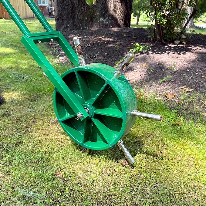 Landzie AeroCore Rolling Lawn Aerator – Manual Core Plug Aerator with Chamfered Hollow Tines – Heavy-Duty 38.8 Pound Wheel Aerator Lawn Tool – Push Yard Aerator Aeration Tool (Single)