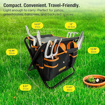 GardenHOME 7-Piece Garden Tool Set – Stainless Steel Tools with Folding Stool & Tote Bag, Black and Orange, Practical Kit for Men and DIY Yard Work